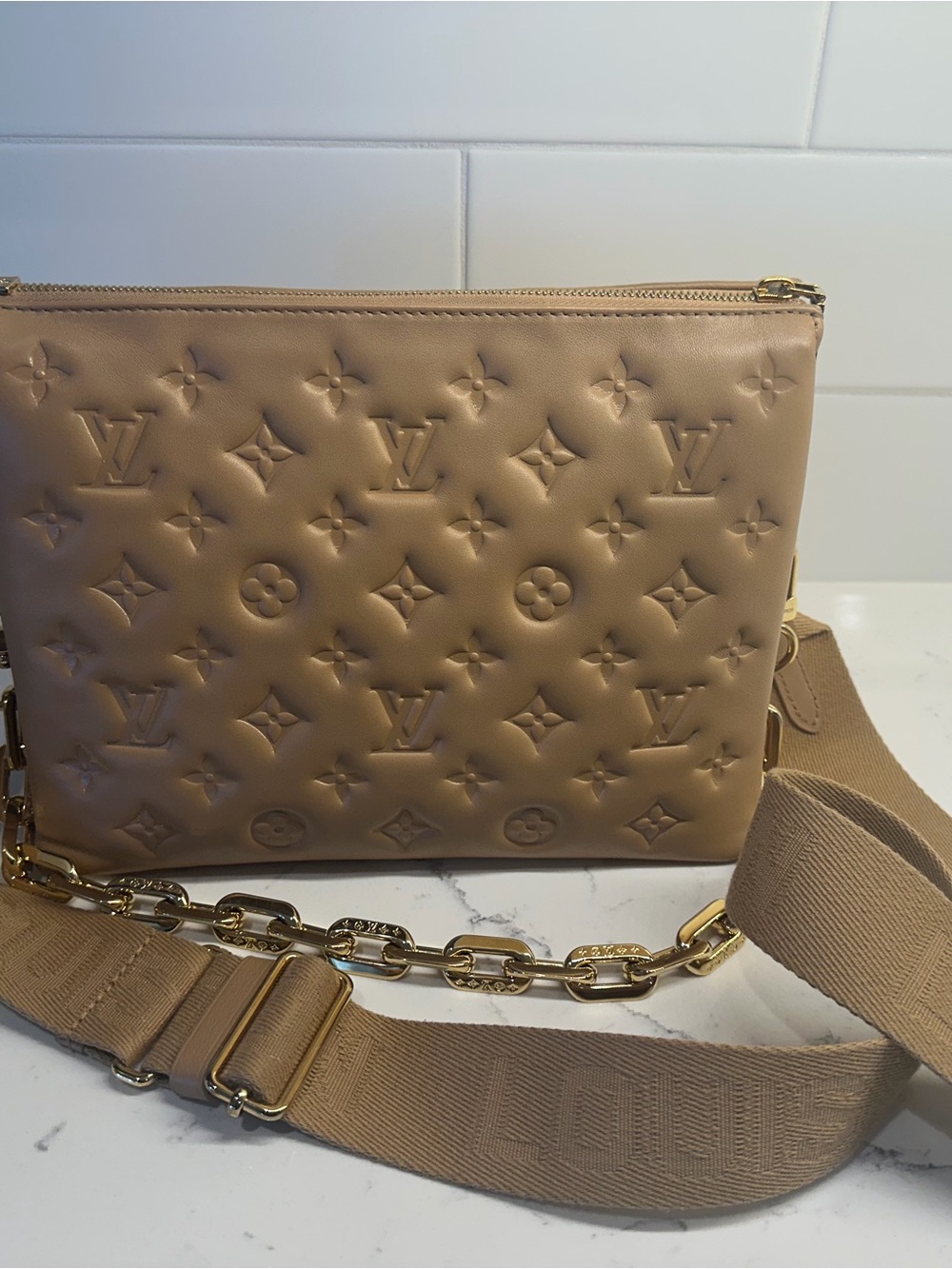 Louis Vuitton Coussin PM Tan Monogram-Embossed Leather Crossbody with Gold Chain - Picture 3 of 3